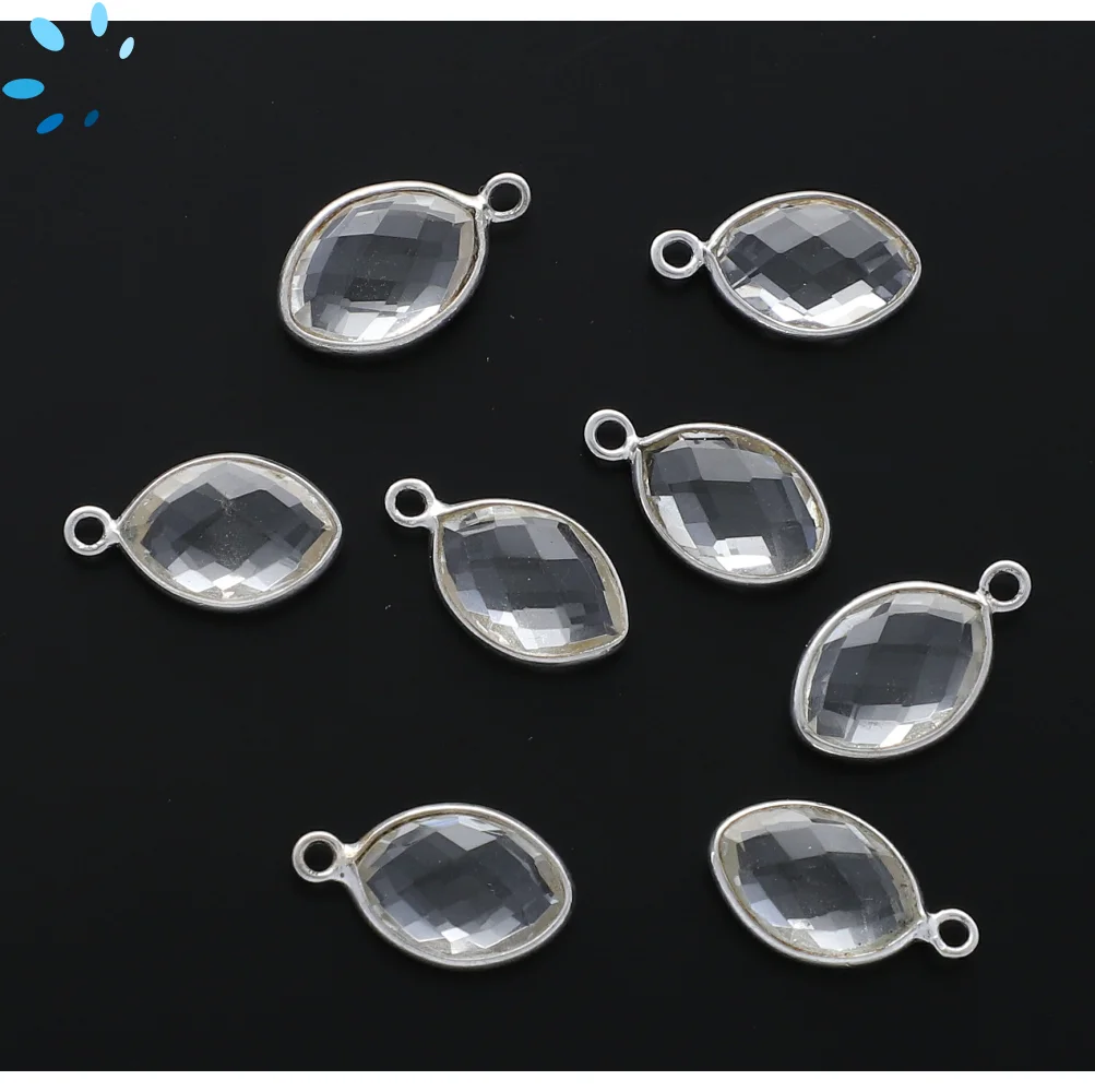 Crystal Quartz Marquise Bezel Pendant Charm 12x8mm - Platinium Plated Sterling Silver - Set of 4