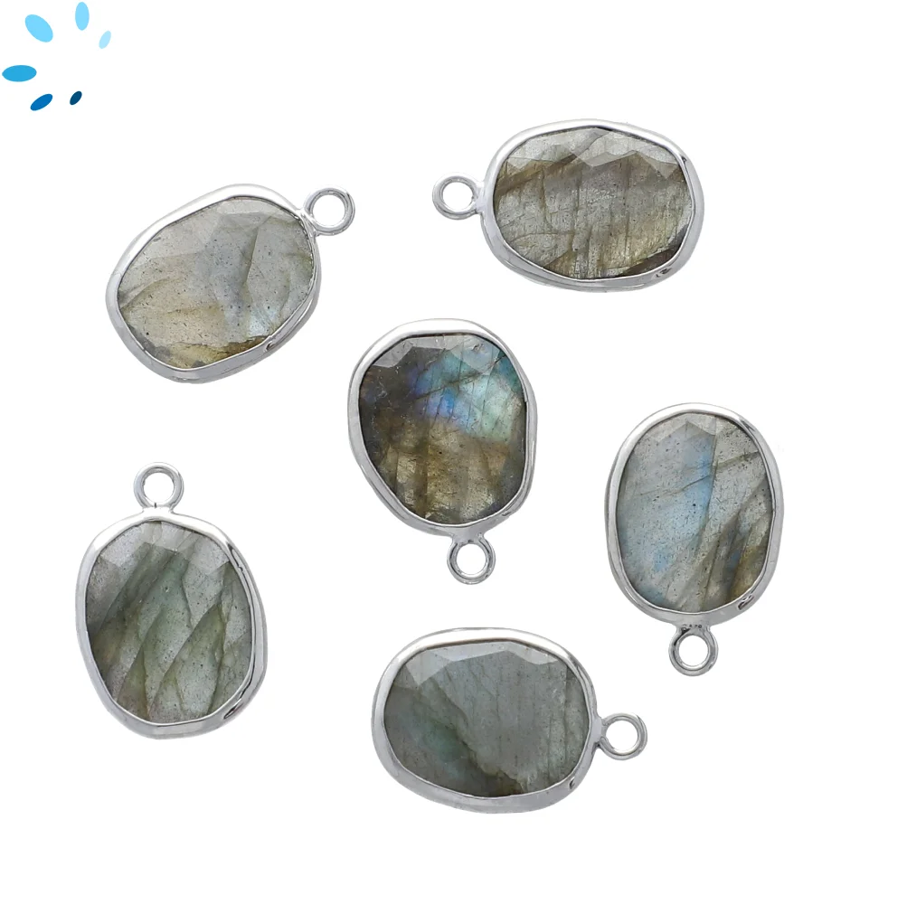 Labradorite Oval Bezel Charm Pendant 15x12mm - Platinum Plated Sterling Silver - Set of 4