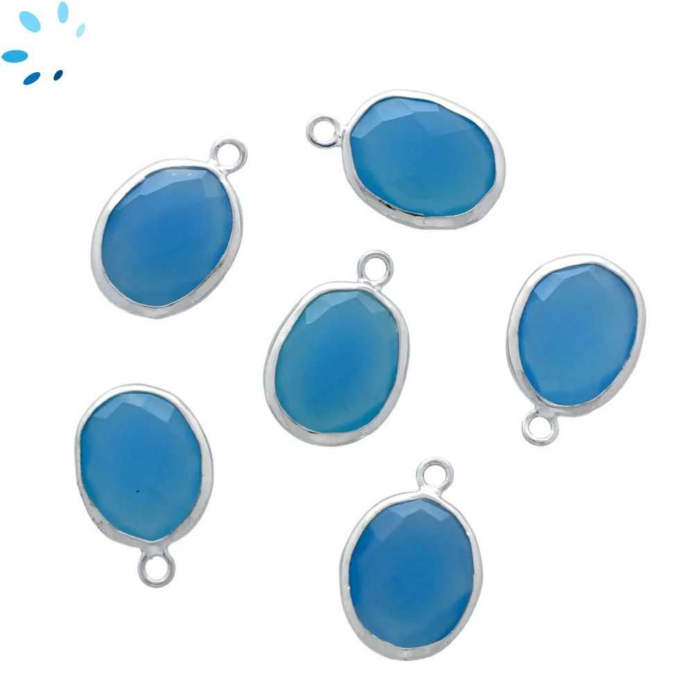 Blue Chalcedony Oval Bezel Pendant Charm 15x12mm - Platinum Plated Sterling Silver - Set of 4