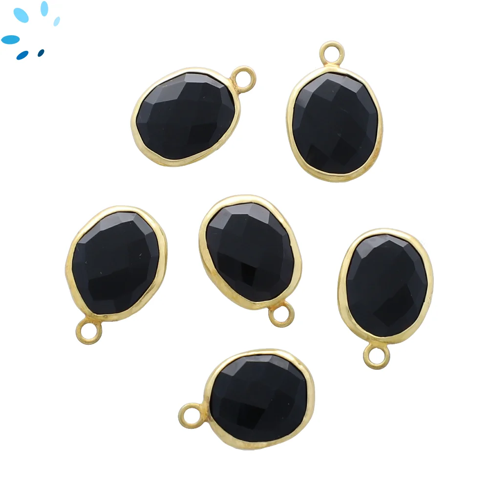 Black Onyx Oval Bezel Charm Pendant 15x12mm - 18k Gold Plated Sterling Silver - Set of 4