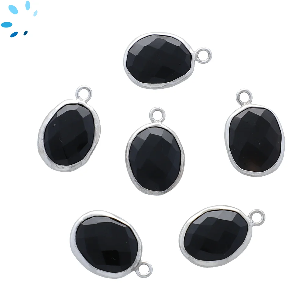 Black Onyx Oval Bezel Pendant Charm 15x12mm - Platinum Plated Sterling Silver - Set of 4