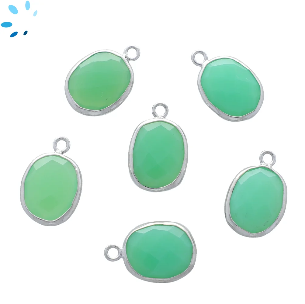 Chrysoprase Chalcedony Oval Bezel Pendant Charm 15x12mm - Platinum Plated Sterling Silver - Set of 4