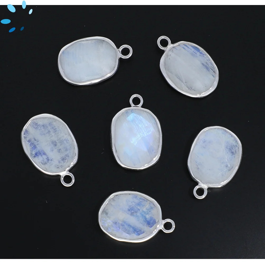 Rainbow Moonstone Oval Bezel Charm Pendant 15x12mm - Platinum Plated Sterling Silver - Set of 4