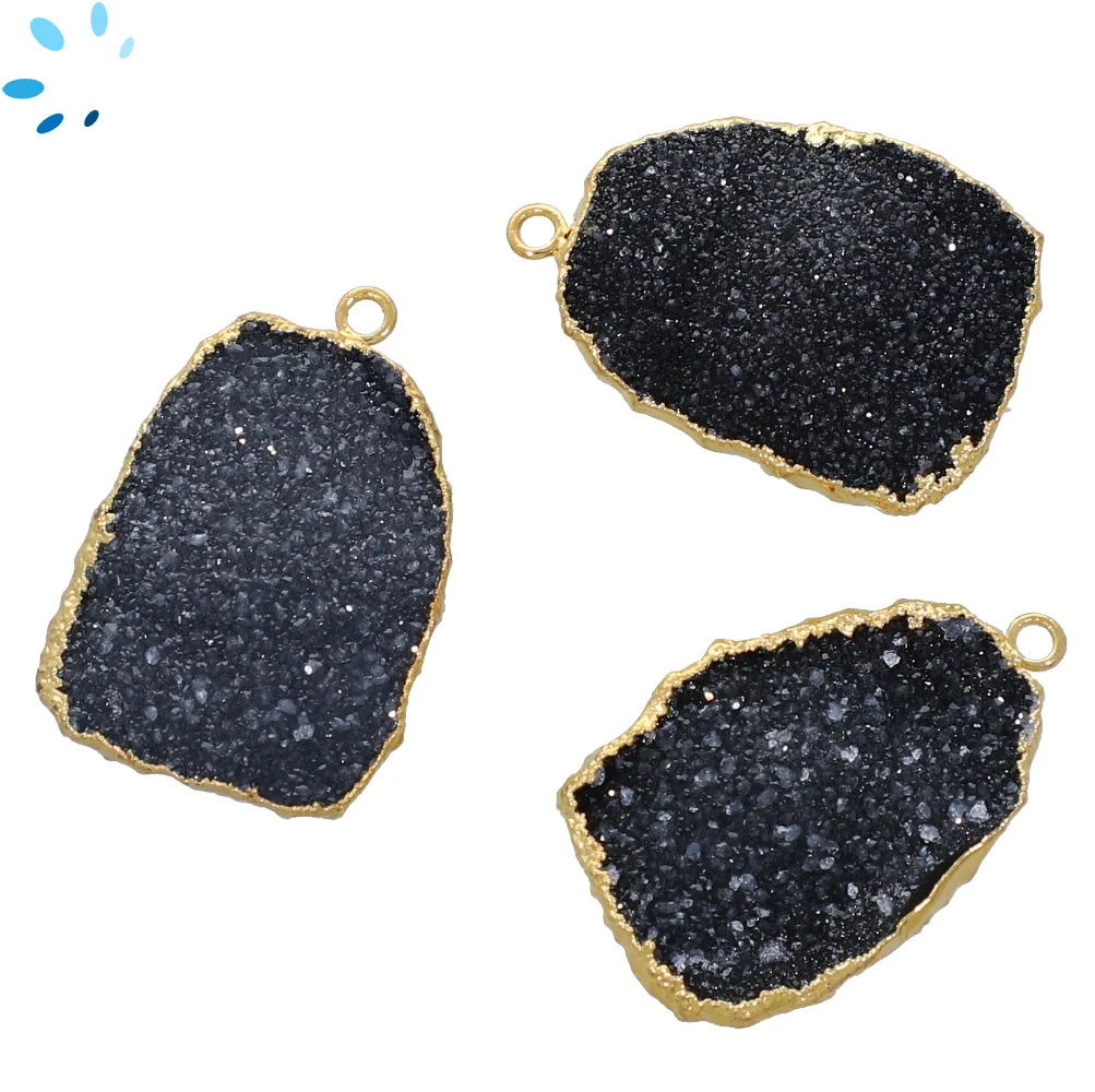 Black Druzy Slice Charm Pendant  27x19 - 32x22mm 18k Gold Electroplated 