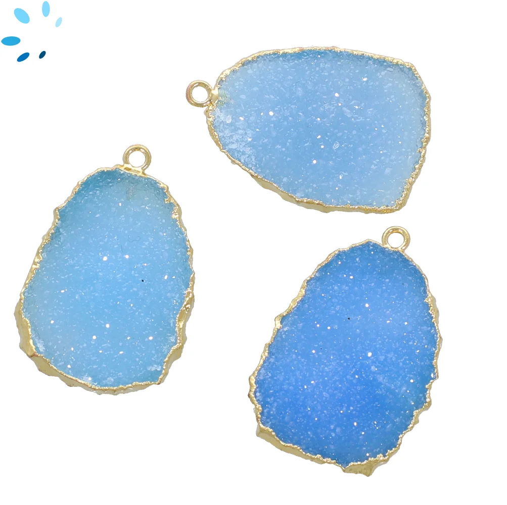 Blue Druzy Slice Pendant  Charm 27x19 - 32x22mm 18k Gold Electroplated 