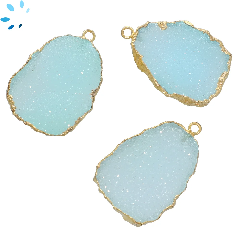 Aqua Druzy Slice Charm Pendant  27x19 - 32x22mm 18k Gold Electroplated