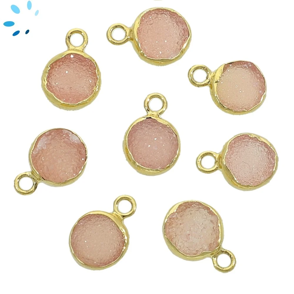 Pink Druzy Coin Bezel Pendant Charm 9mm - 18k Gold Plated Sterling Silver - Set of 4