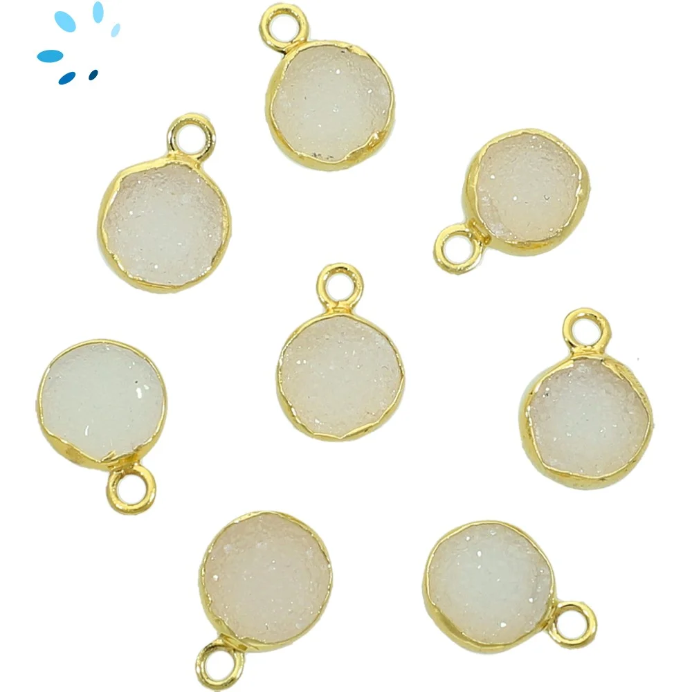 White Druzy Coin Bezel Charm Pendant 9mm - 18k Gold Plated Sterling Silver - Set of 4