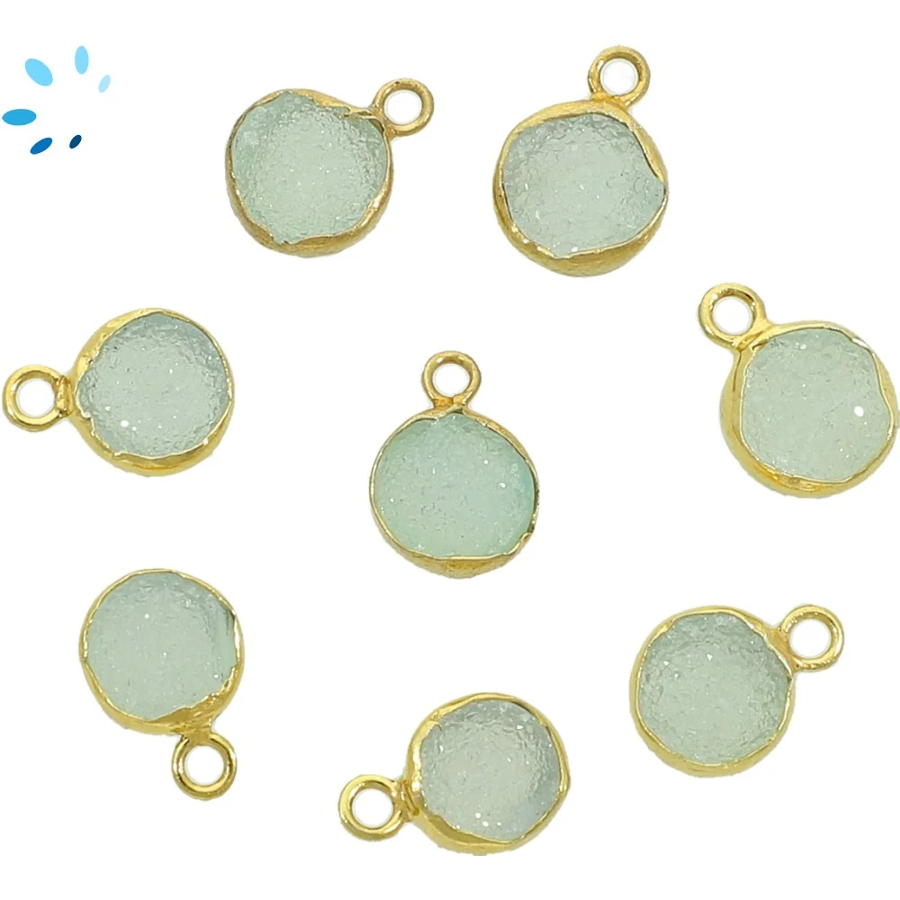 Aqua Druzy Coin Bezel Pendant Charm 9mm - 18k Gold Plated Sterling Silver - Set of 4