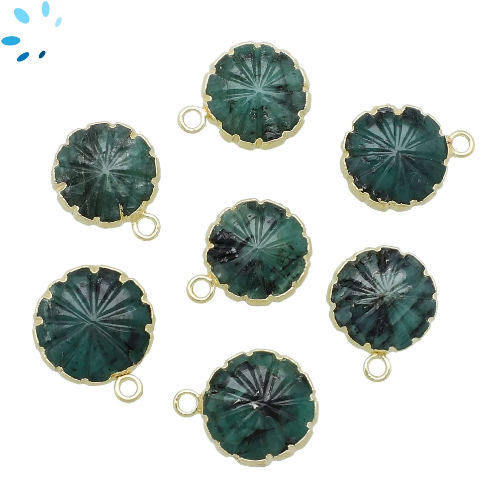 Raw Emerald Coin Pendant Charm 10mm 18k Gold Electroplated - Set of 4