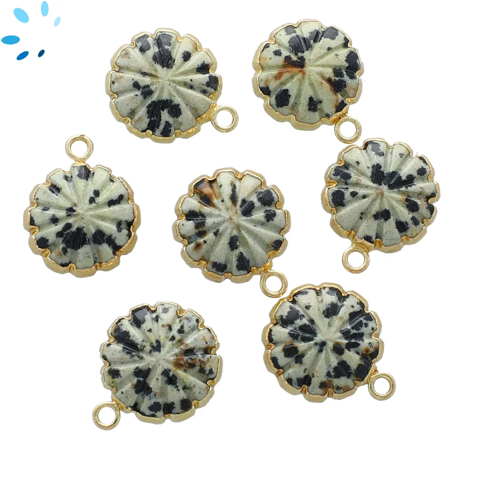Dalmatian Jasper Coin Charm Pendant 14mm 18k Gold Electroplated - Set of 4