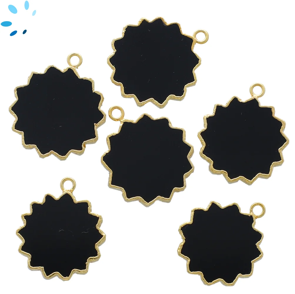 Black Onyx Sun Pendant Charm 18mm 18k Gold Electroplated - Set of 2