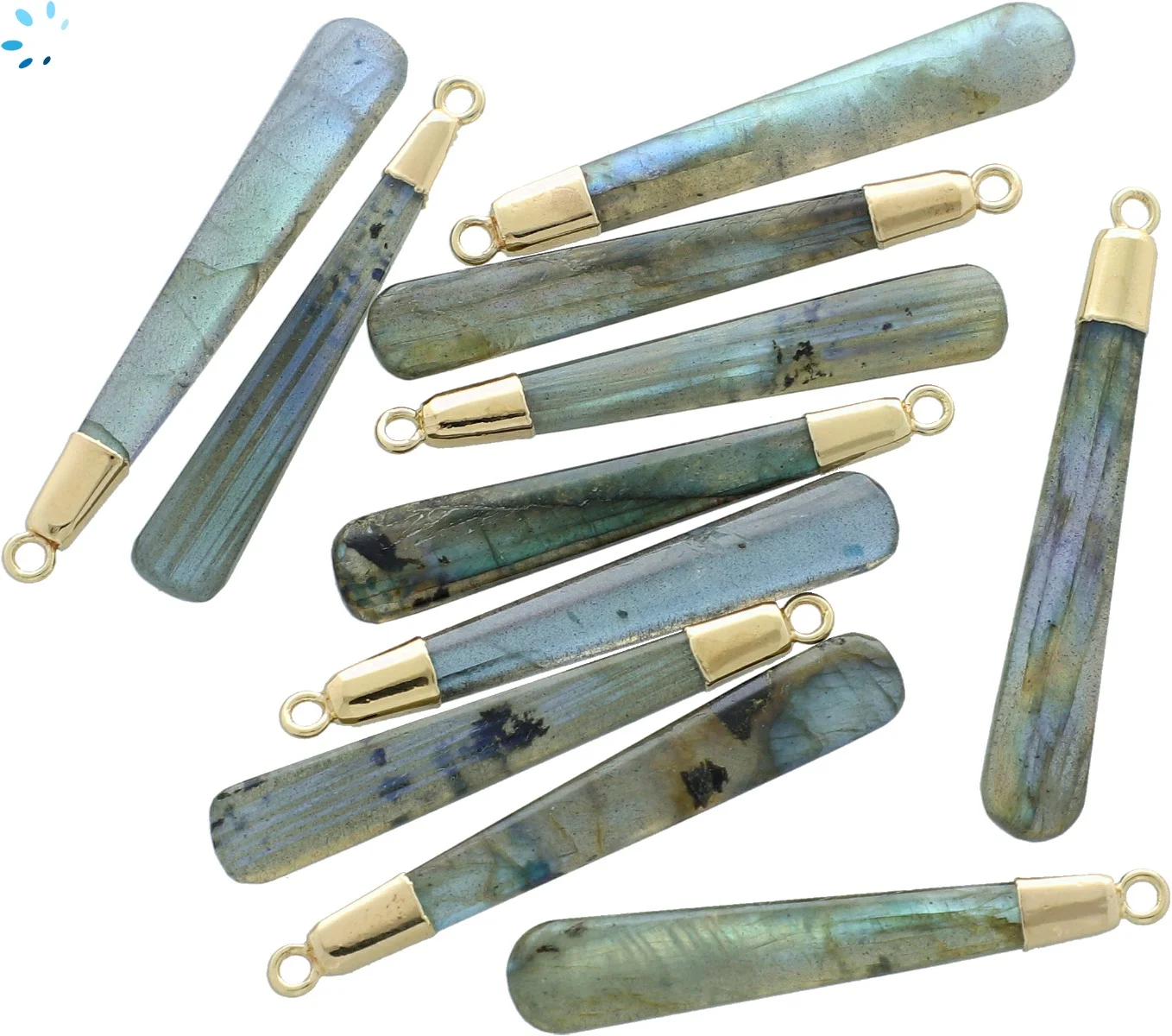 Labradorite Long Drop Pendant Charm 39x6 - 41x6mm 18k Gold Electroplated -  Set of 2