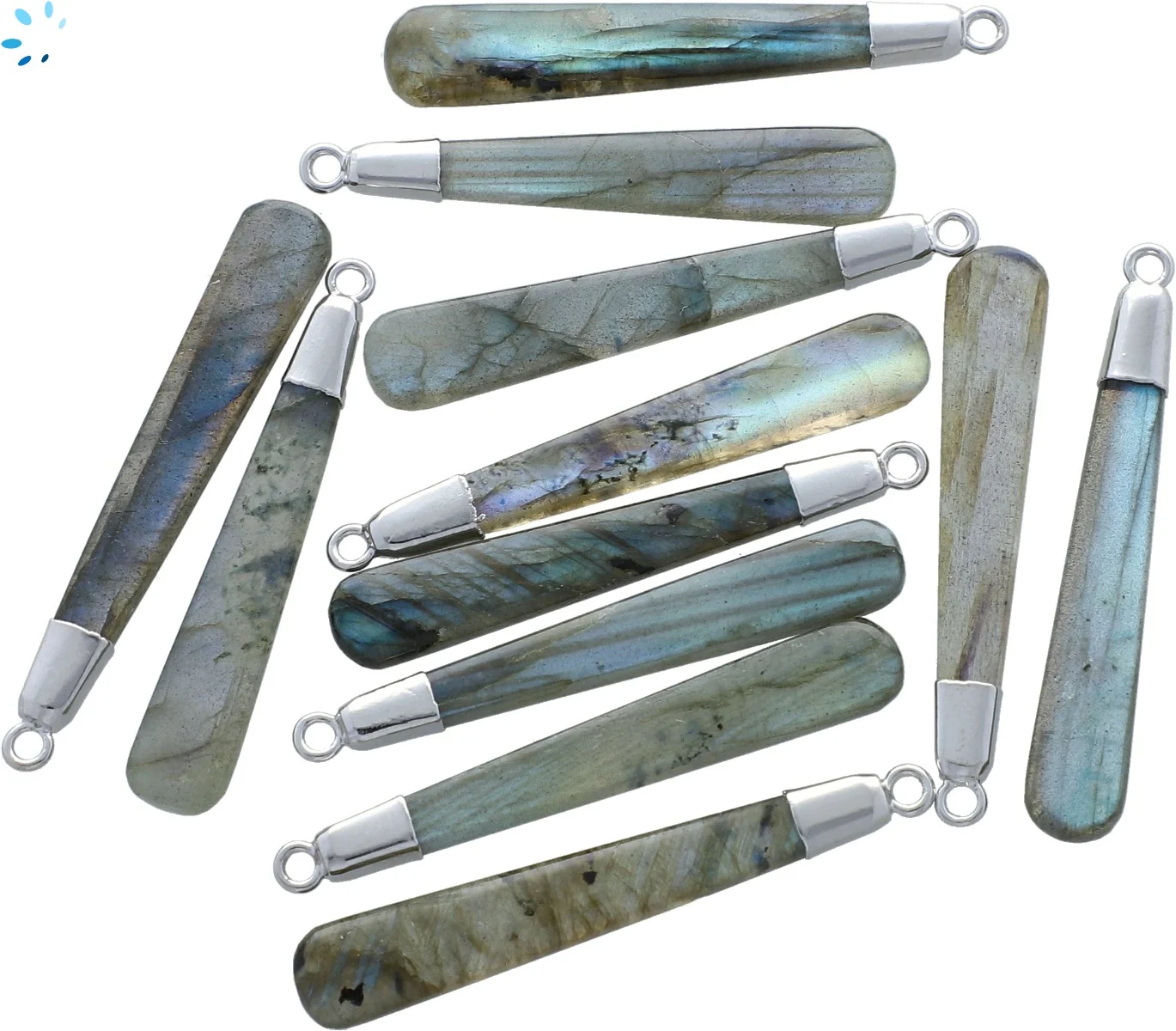 Labradorite Long Drop Charm Pendant 39x6 - 41x6mm Platinum Electroplated -  Set of 2