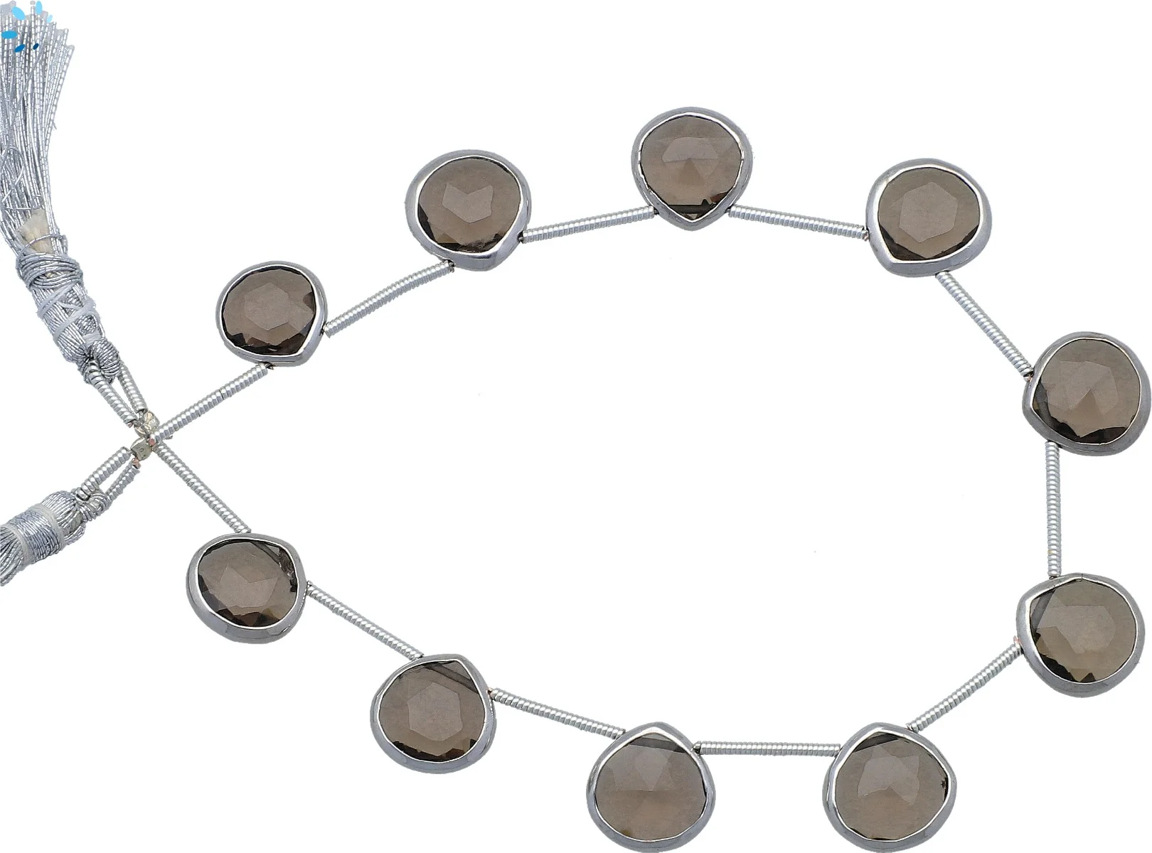 Smoky Quartz Faceted Heart Bezel Set Beads 10mm Top Drilled - Platinum Plated Sterling Silver