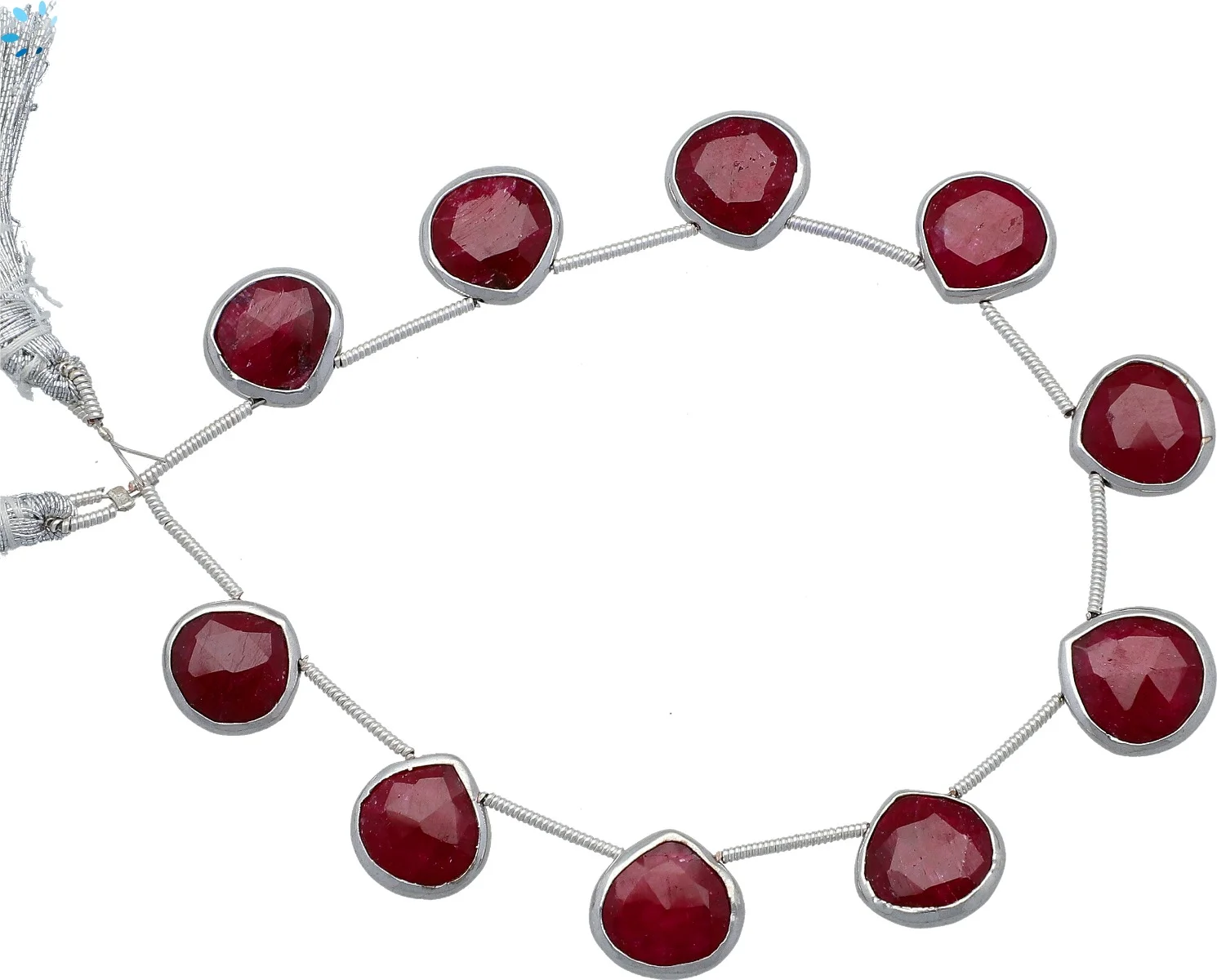 Ruby Dyed Corundum Faceted Heart Bezel Set Beads 10mm Top Drilled - Platinum Plated Sterling Silver