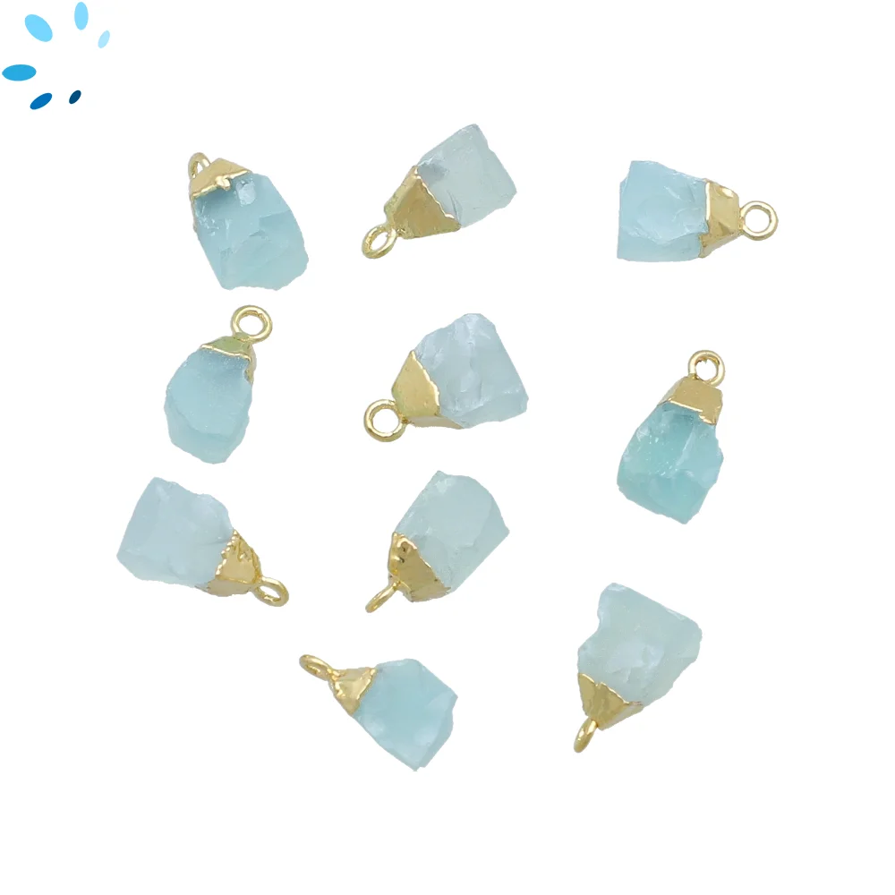Aqua Chalcedony Rough Pendant Charm 8x5 - 10x7mm 18k Gold Electroplated - Set of 4