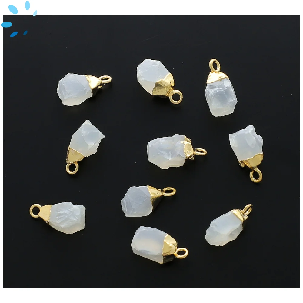 White Chalcedony Rough Charm Pendant 8x5 - 10x7mm 18k Gold Electroplated - Set of 4