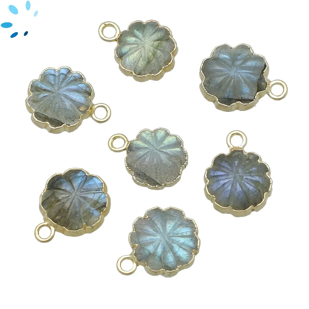 Labradorite Coin Charm Pendant 11mm 18k Gold Electroplated - Set of 4