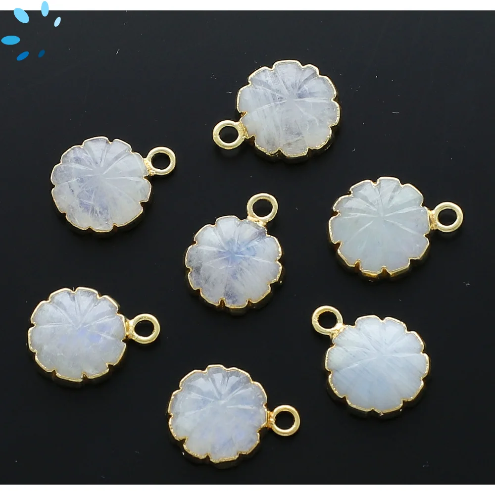 Rainbow Moonstone Coin Charm Pendant 11mm 18k Gold Electroplated - Set of 4