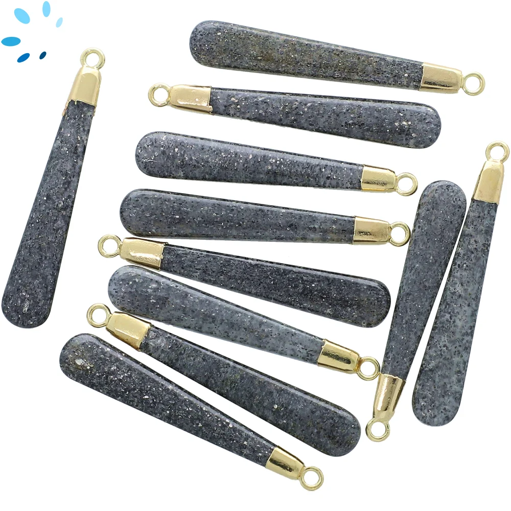 Black Sunstone Long Drop Charm Pendant 35x6 - 38x6mm 18k Gold Electroplated - Set of 2