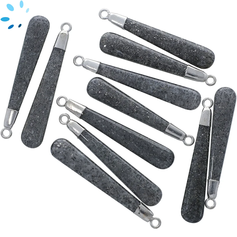 Black Sunstone Long Drop Charm Pendant 35x6 - 38x6mm Platinum Electroplated - Set of 2