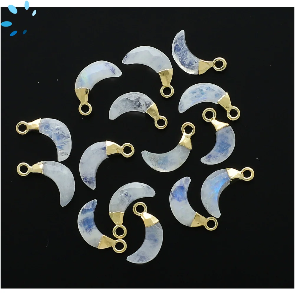 Rainbow Moonstone Moon Charm Pendant 9x3mm 18k Gold Electroplated - Set of 4