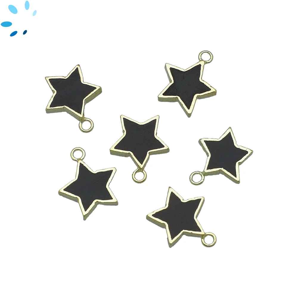 Black Onyx Star Pendant Charm 13mm 18k Gold Electroplated - Set of 4
