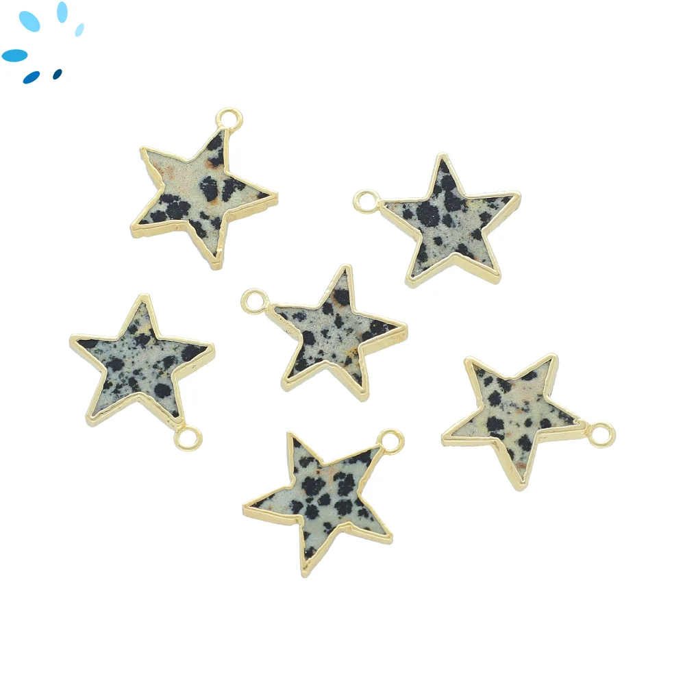 Dalmatian Jasper Star Charm Pendant 17mm 18k Gold Electroplated - Set of 4
