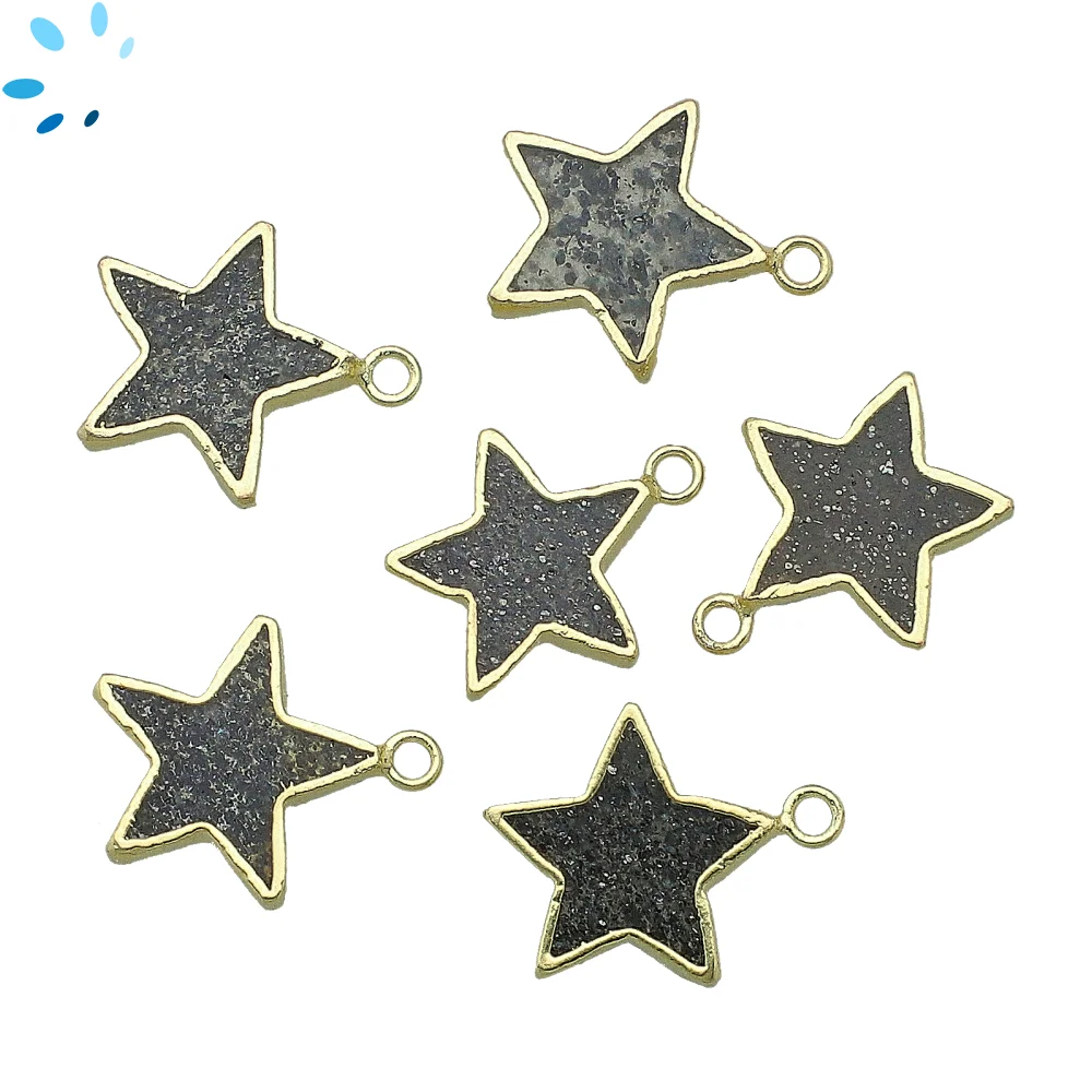 Black Sunstone Star Pendant Charm 16mm 18k Gold Electroplated - Set of 4