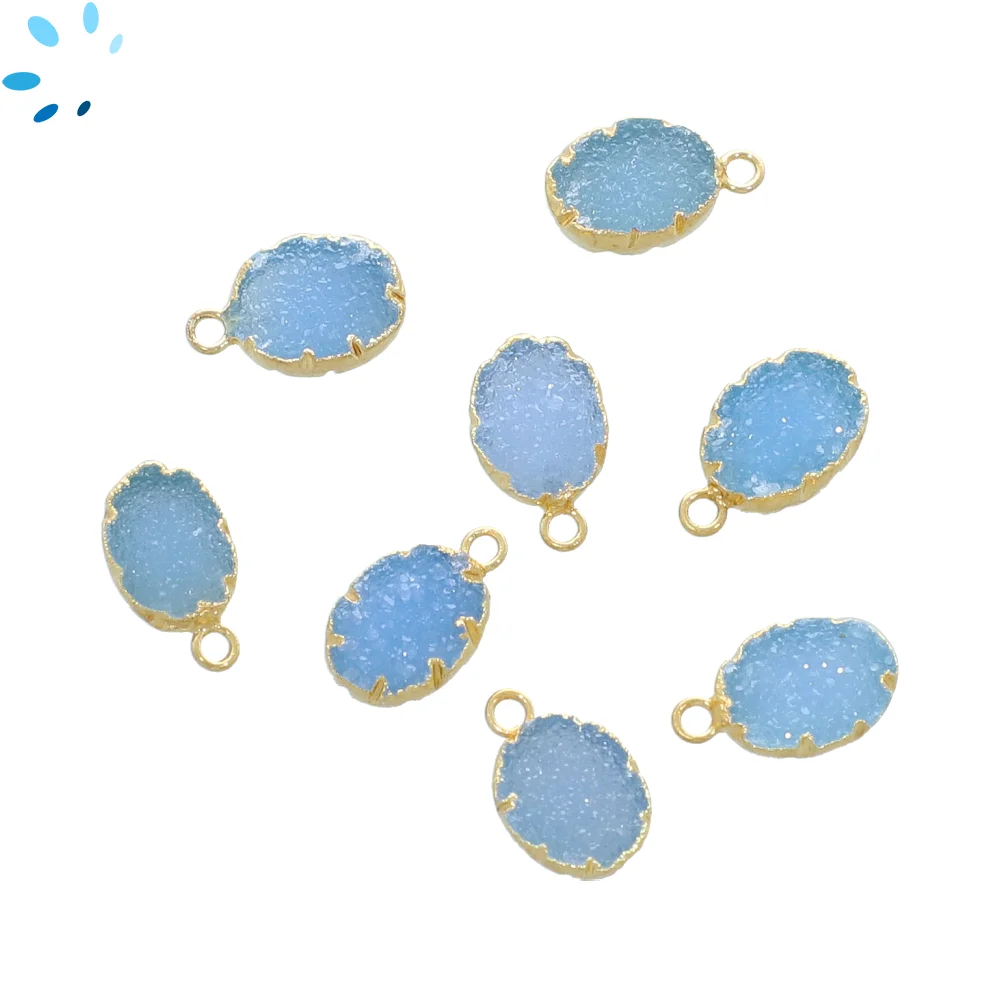 Blue Druzy Oval Pendant Charm 10x8mm 18k Gold Electroplated - Set of 4