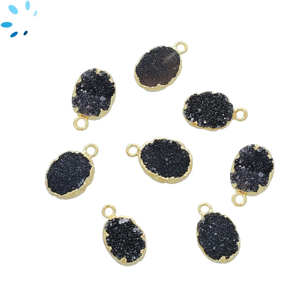 Black Druzy Oval Charm Pendant 10x8mm 18k Gold Electroplated - Set of 4