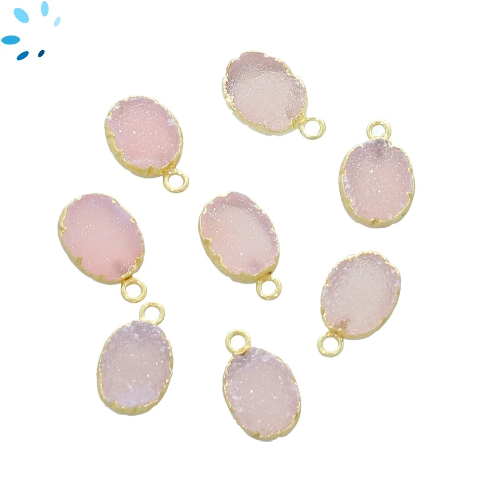 Pink Druzy Oval Pendant Charm 10x8mm 18k Gold Electroplated - Set of 4