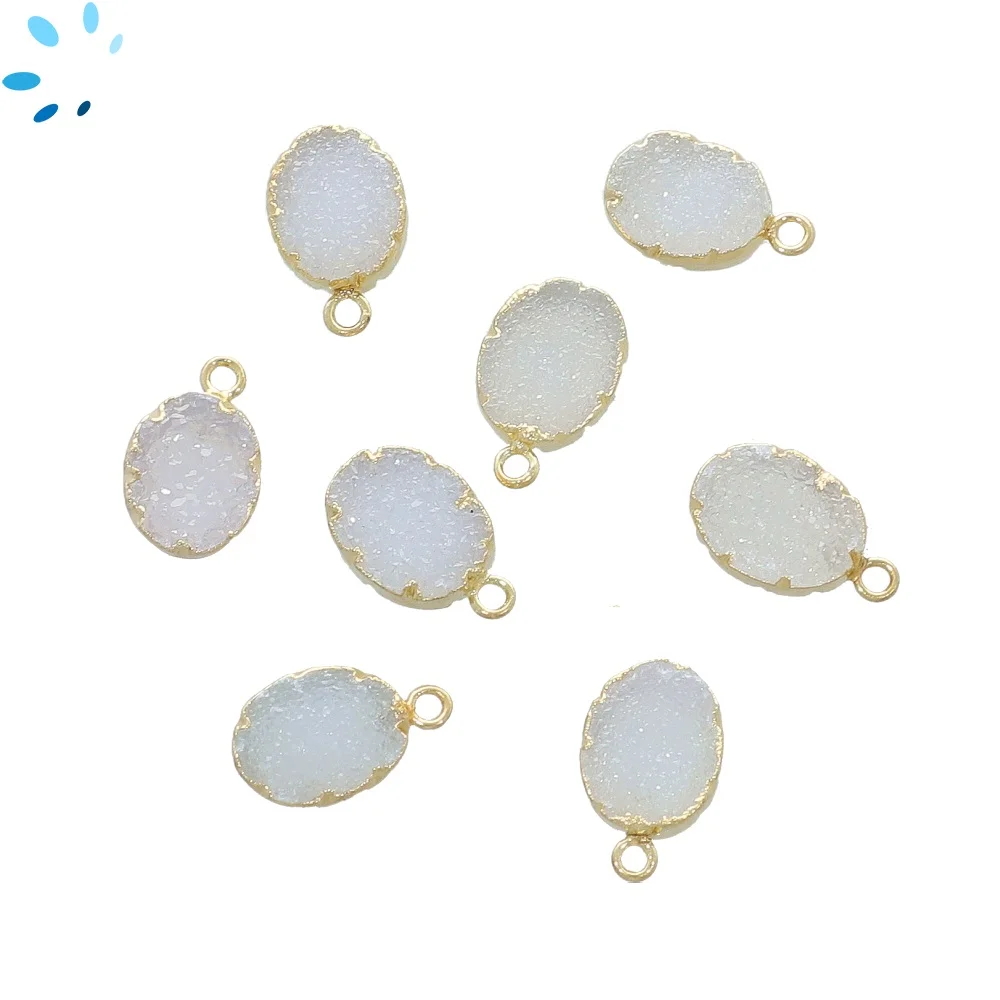 White Druzy Oval Charm Pendant 10x8mm 18k Gold Electroplated - Set of 4