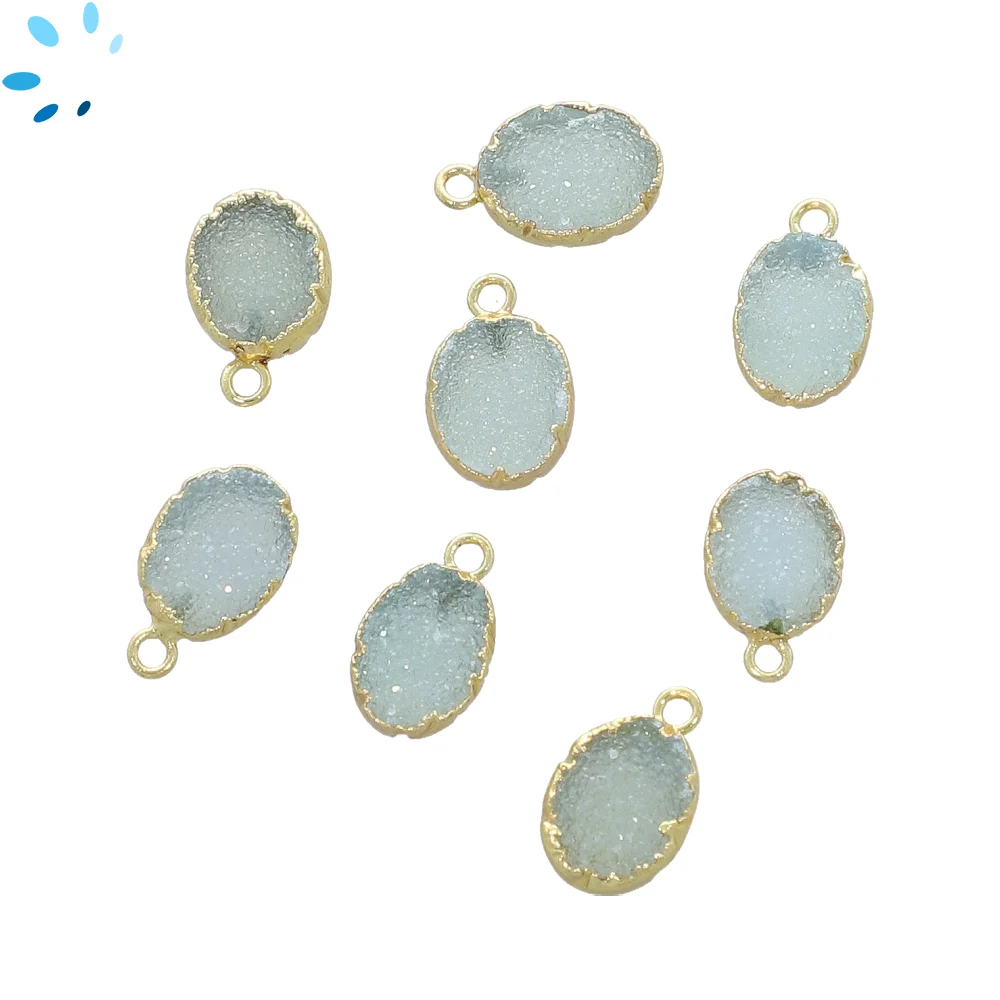 Aqua Druzy Oval Pendant Charm 10x8mm 18k Gold Electroplated - Set of 4