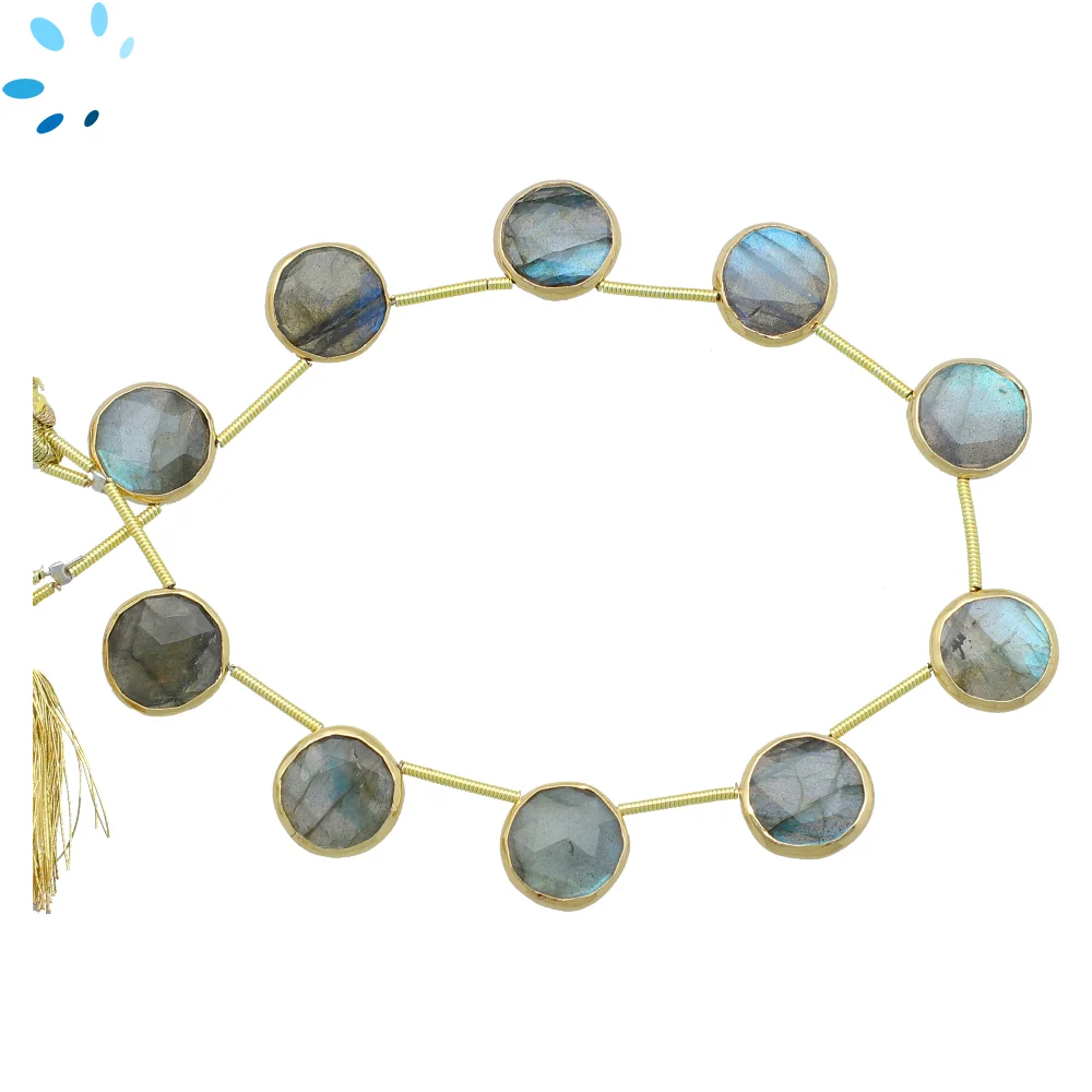 Labradorite Faceted Coin Bezel Set Beads 10mm Top Drilled - 18k Gold Plated Sterling Silver
