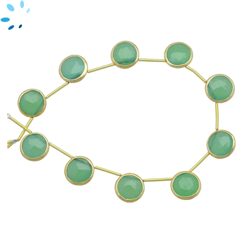 Chrysoprase Chalcedony Faceted Coin Bezel Set Beads 10mm Top Drilled - 18k Gold Plated Sterling Silver