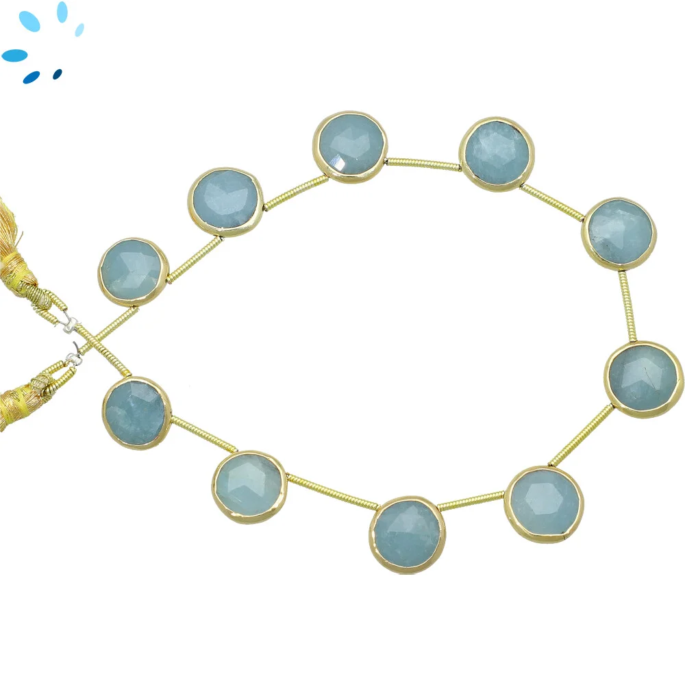 Aquamarine Faceted Coin Bezel Set Beads 10mm Top Drilled - 18k Gold Plated Sterling Silver