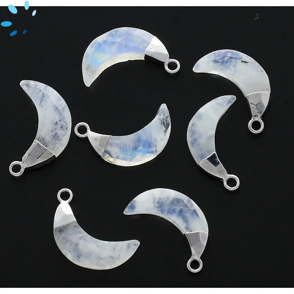 Rainbow Moonstone Moon Pendant Charm 15x5 - 17x6mm Silver Electroplated - Set of 4