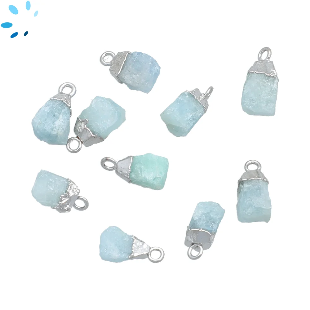 Aquamarine Rough Charm Pendant 8x6mm Platinum Electroplated - Set of 4