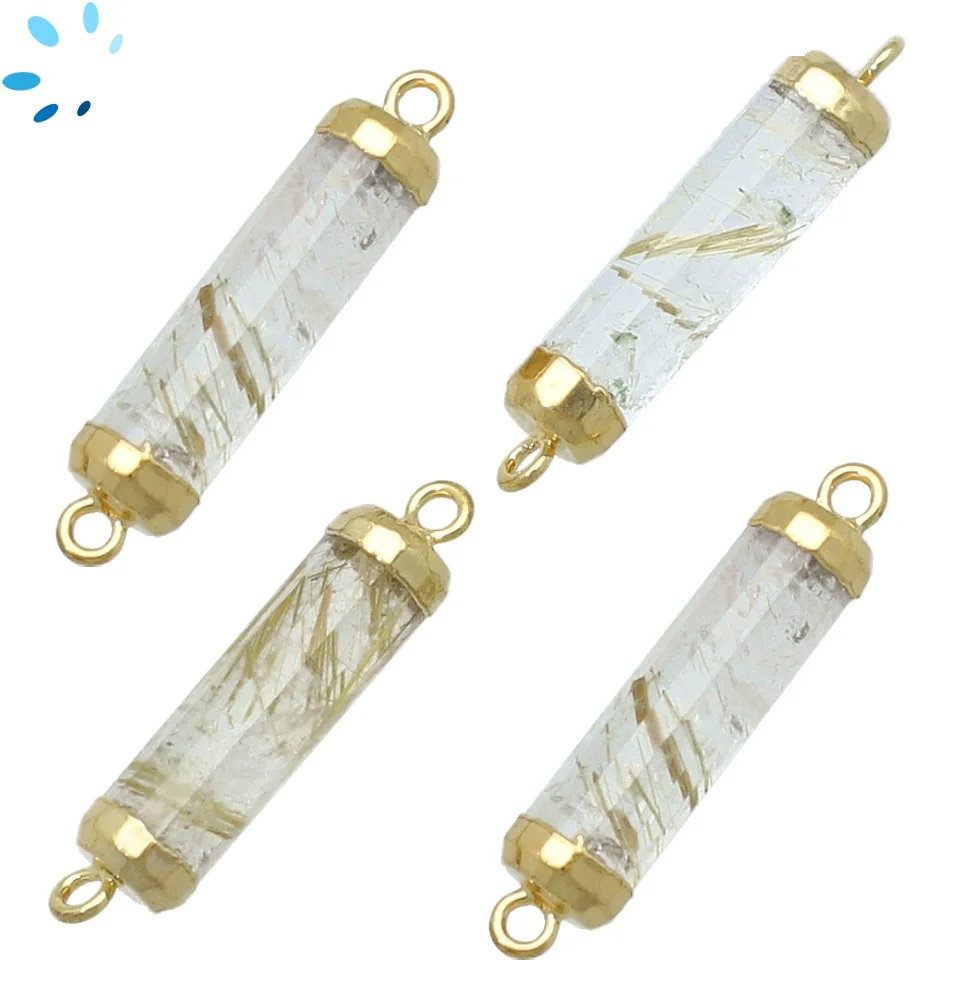 Rutilated Quartz Barrel Connector 18x5mm 18kGold Electroplated - Set of 4