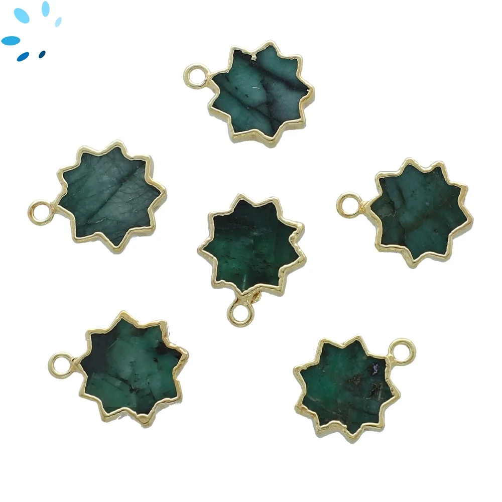 Raw Emerald Sun Charm Pendant 13mm 18k Gold Electroplated - Set of 2