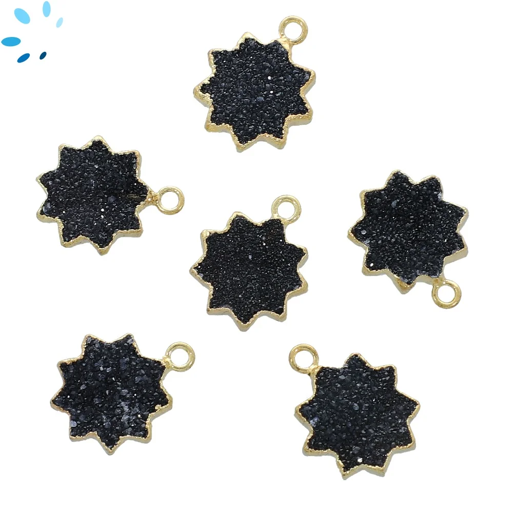 Black Druzy Sun Pendant Charm 13mm 18k Gold Electroplated - Set of 2