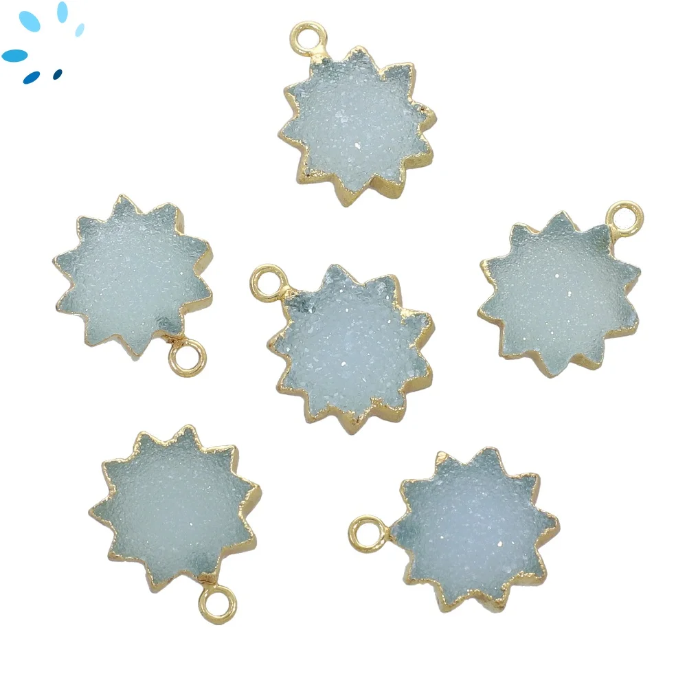 Aqua Druzy Sun Pendant Charm 14mm 18k Gold Electroplated - Set of 2