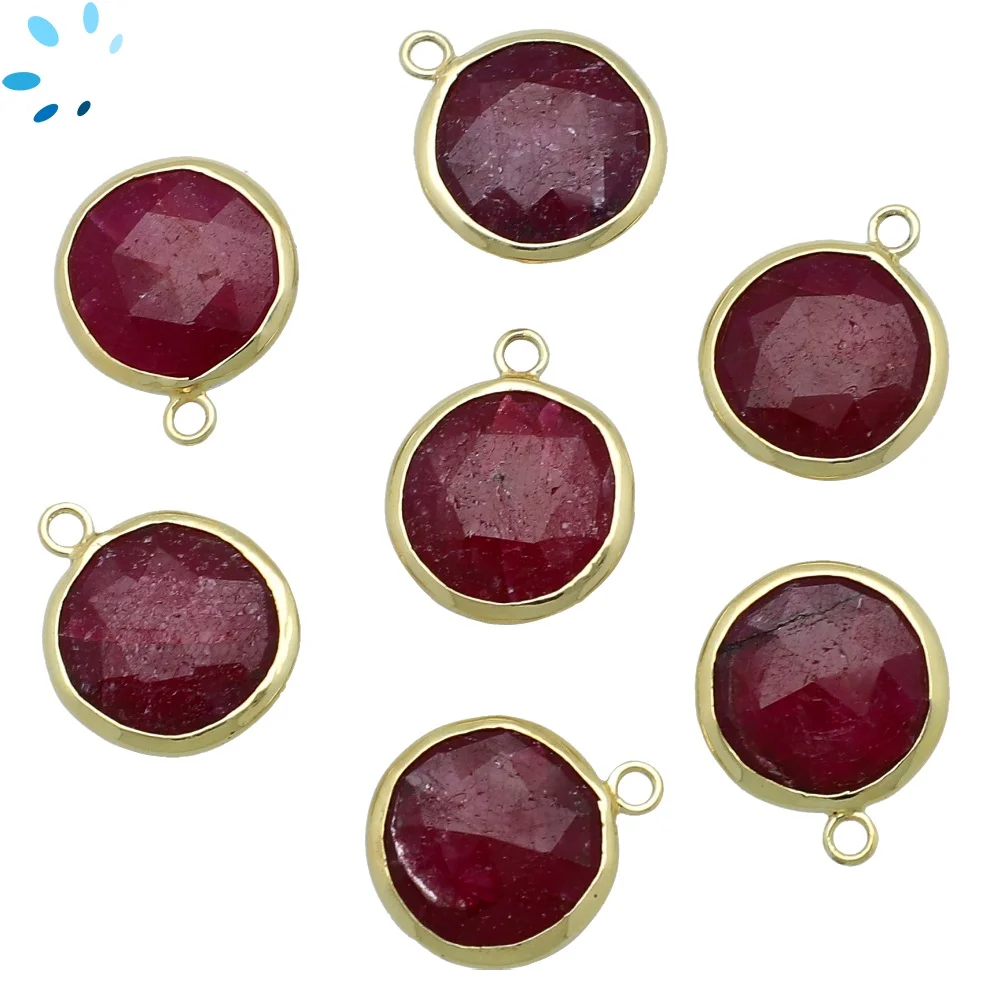 Ruby Dyed Corundum Coin Bezel Charm Pendant 14mm - 18k Gold Plated Sterling Silver - Set of 2