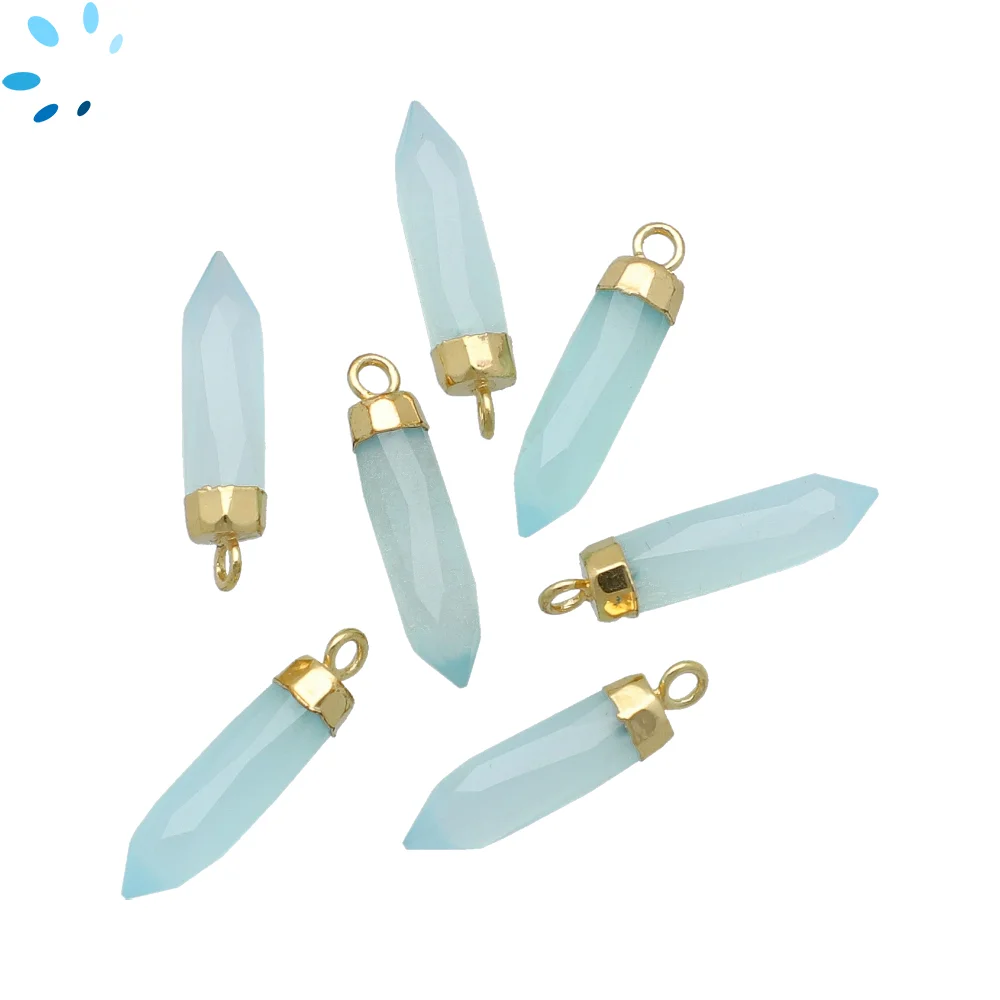 Aqua Chalcedony Spike Pendant Charm 18x5mm 18k Gold Electroplated - Set of 4