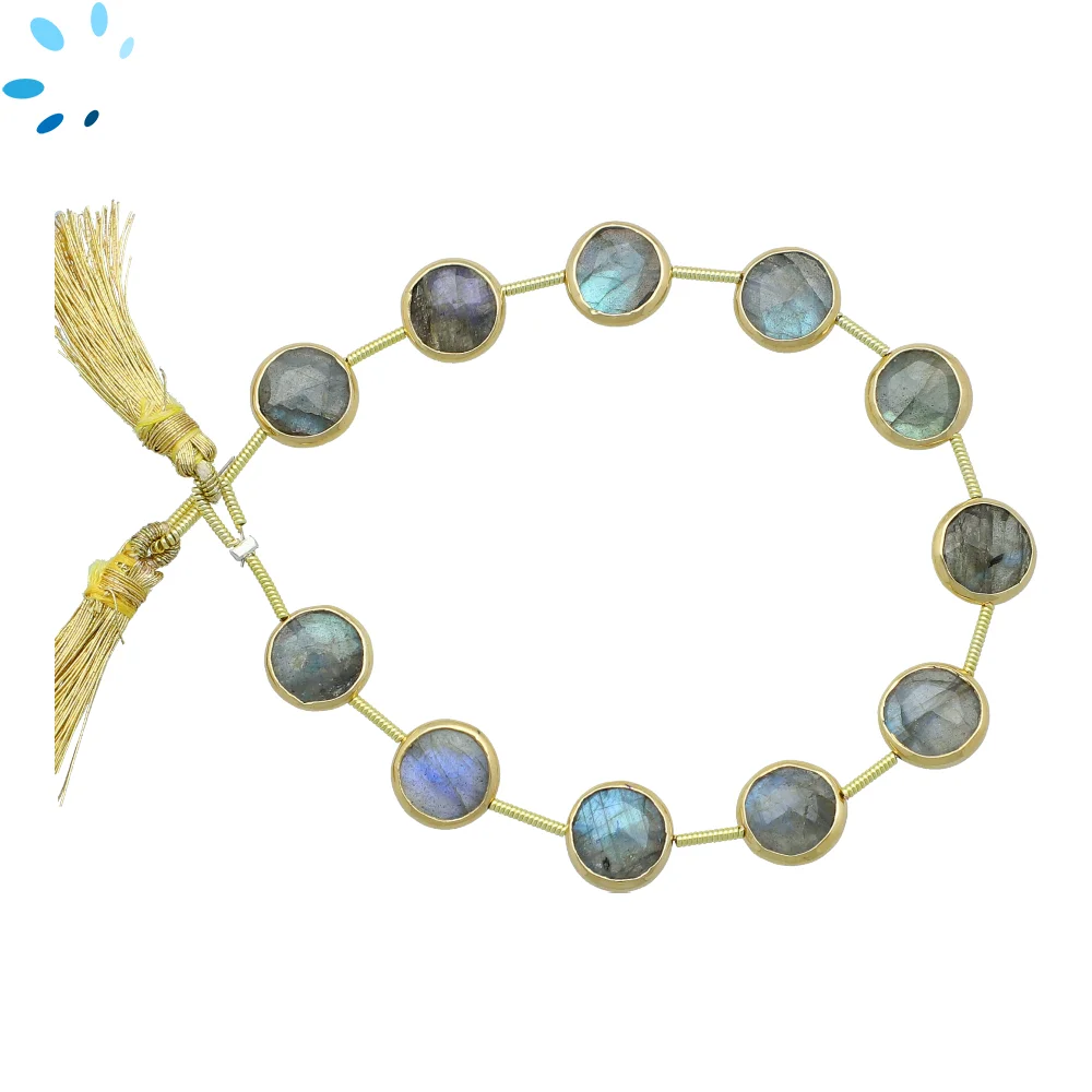 Labradorite Faceted Coin Bezel Set Beads 11mm Center Drilled - 18k Gold Plated Sterling Silver