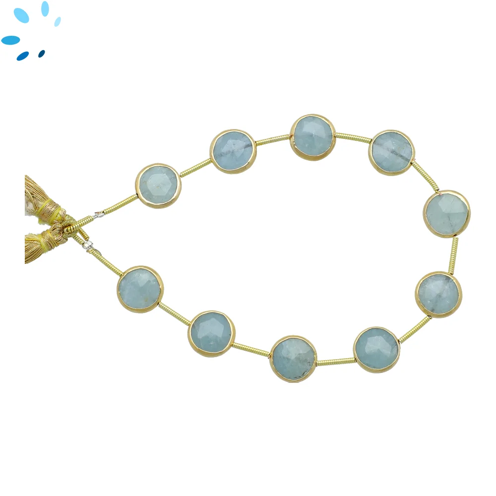 Aquamarine Faceted Coin Bezel Set Beads 10mm Center Drilled - 18k Gold Plated Sterling Silver
