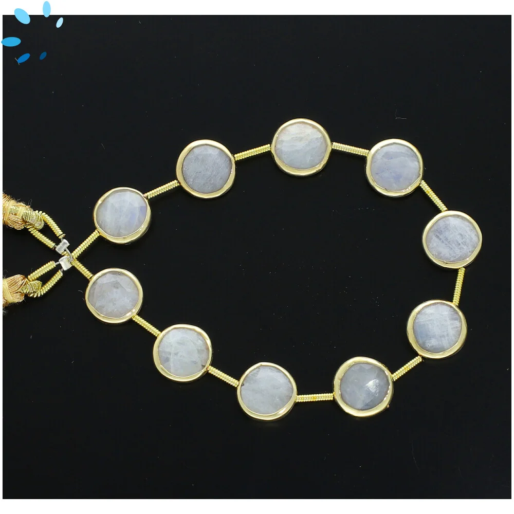 Rainbow Moonstone Faceted Coin Bezel Set Beads 10mm Center Drilled - 18k Gold Plated Sterling Silver