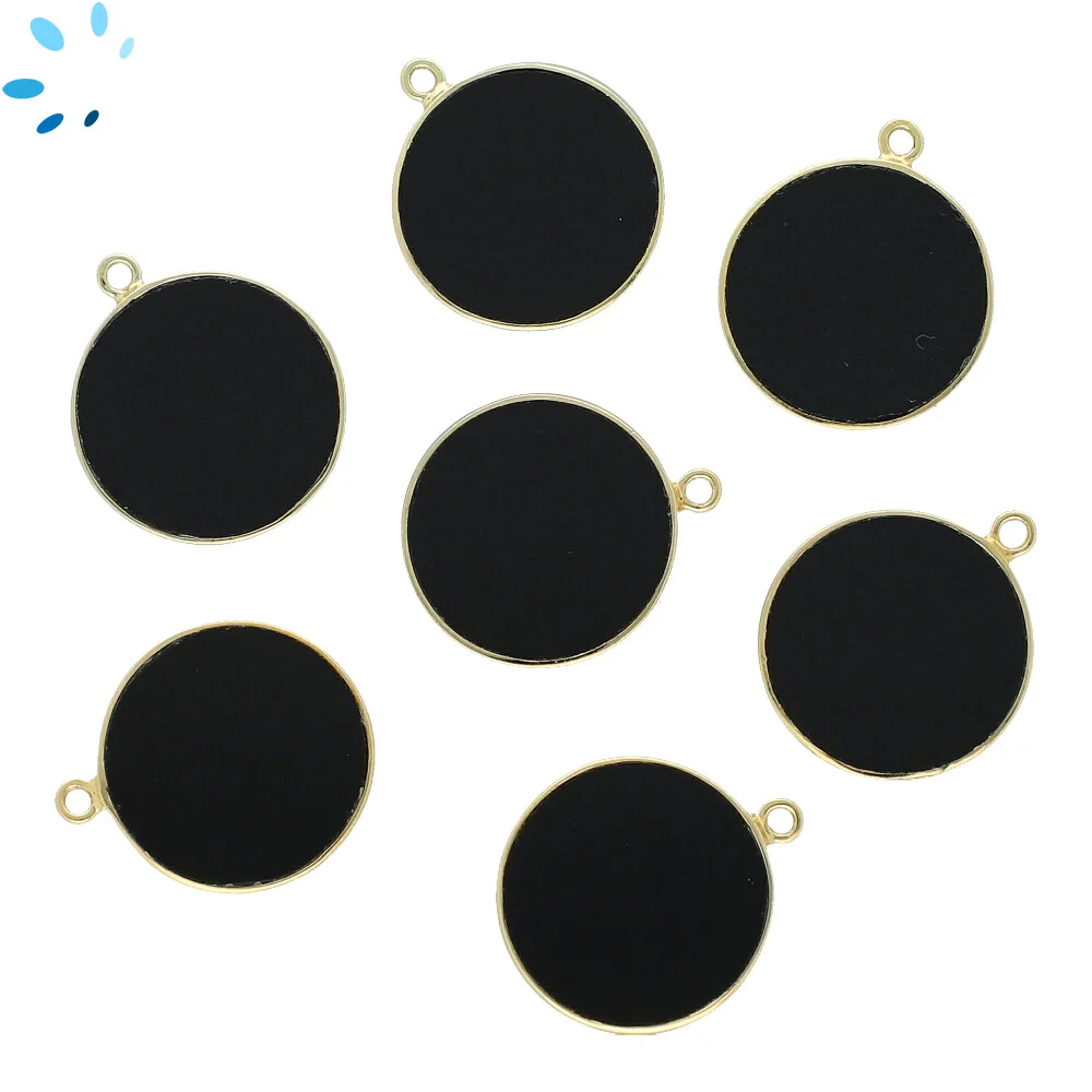 Black Onyx Coin Bezel Pendant Charm 19mm - 18k Gold Plated Sterling Silver - Set of 2